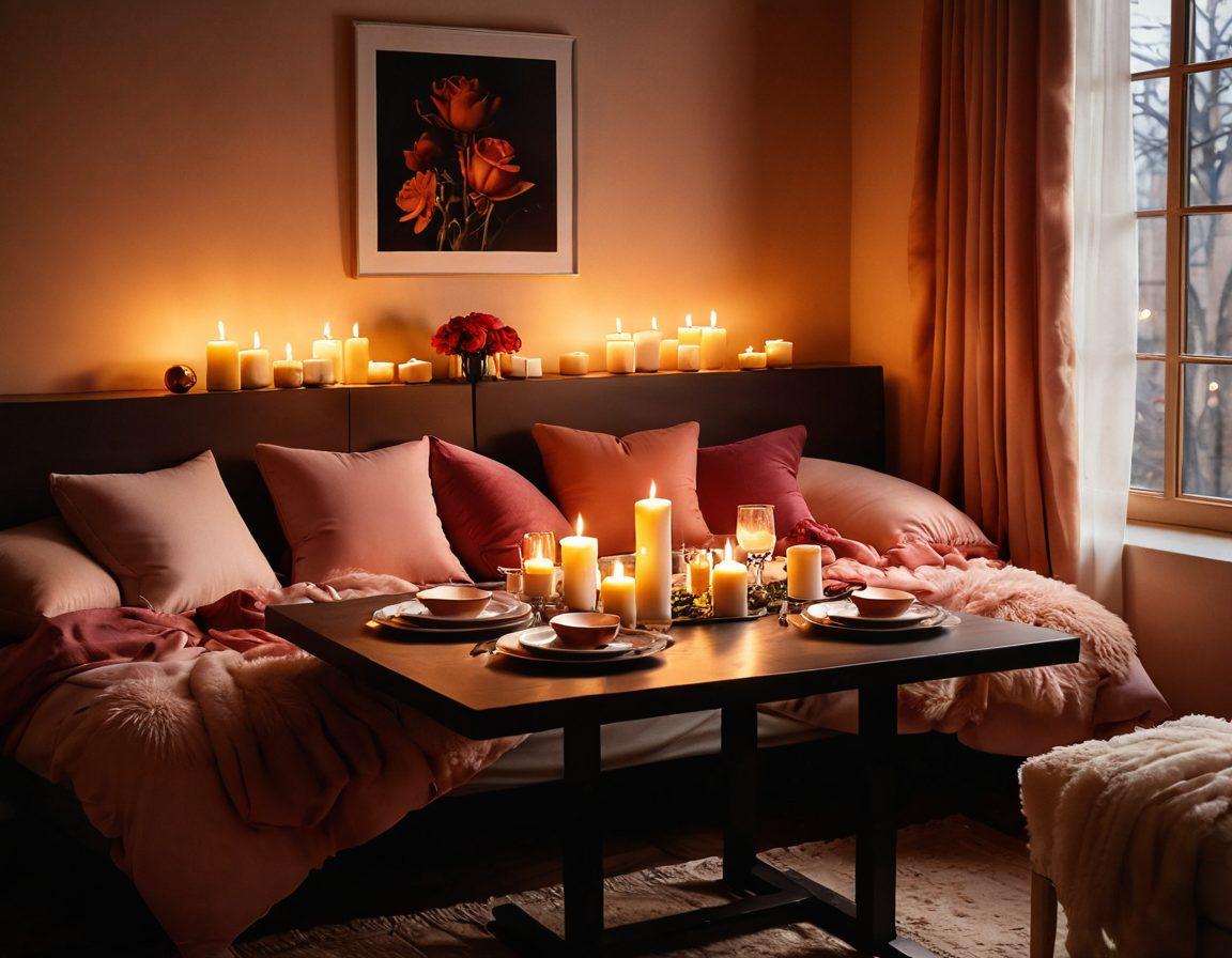 A cozy, softly lit room filled with plush cushions and warm colors, where two silhouettes embrace tenderly, surrounded by flickering candles and rose petals. The atmosphere conveys intimacy, passion, and connection, with a hint of a romantic dinner set in the background. The image evokes warmth and closeness, inviting viewers to explore their own intimate experiences. super-realistic. warm colors. soft focus.