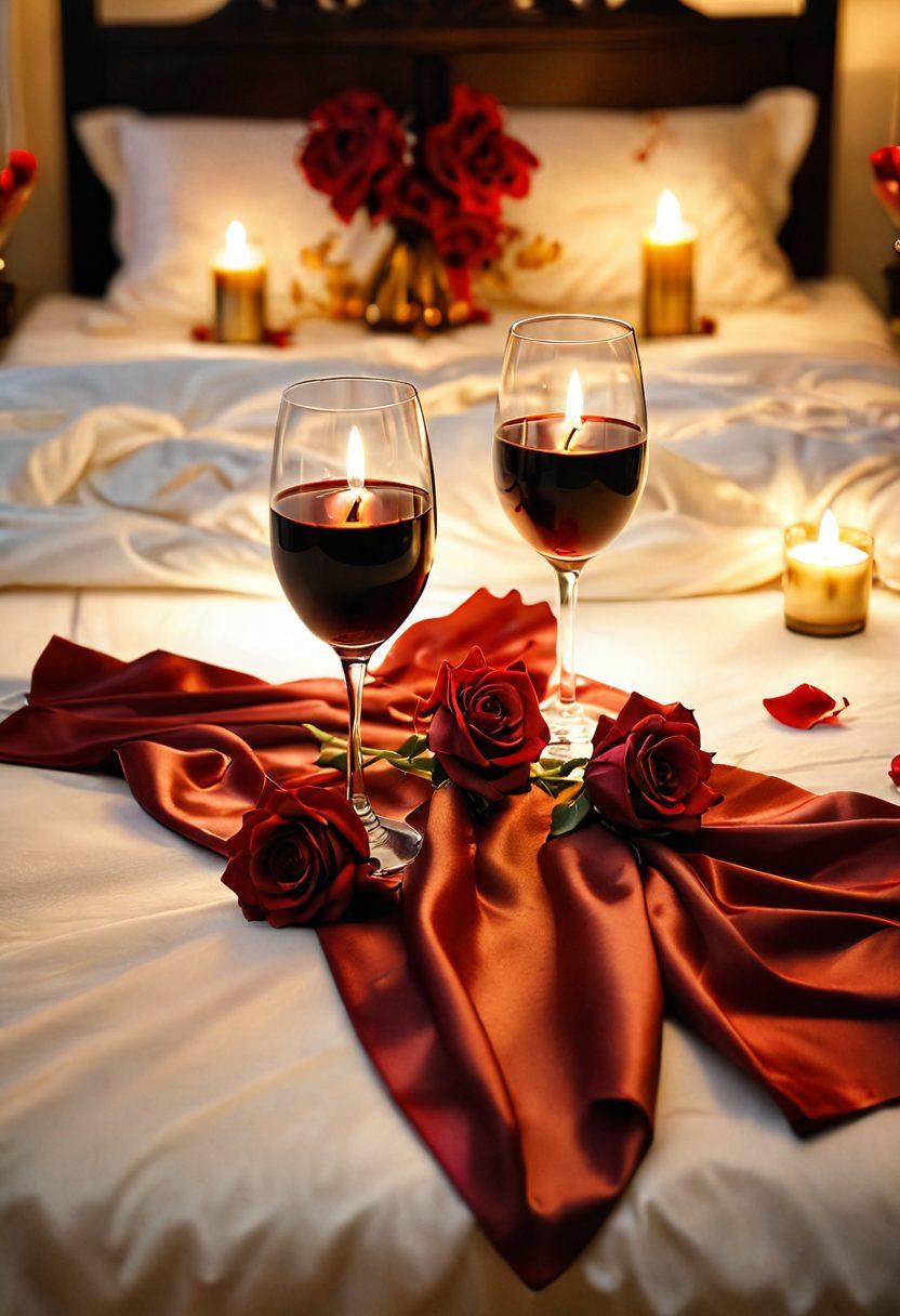 A warm and inviting bedroom scene, softly lit by candlelight, featuring two intertwined hands resting on silk sheets, with rose petals scattered around. In the background, a thoughtfully arranged table with intimate items like wine glasses and a small bouquet of flowers, evoking romance and connection. Emphasize rich hues of red and gold to symbolize passion. super-realistic. vibrant colors. intimate atmosphere.